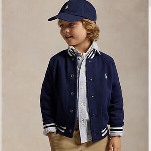 Polo Ralph Lauren Boys Fleece Baseball Jacket Sz‎ 4 Navy White Pony Varsity $98